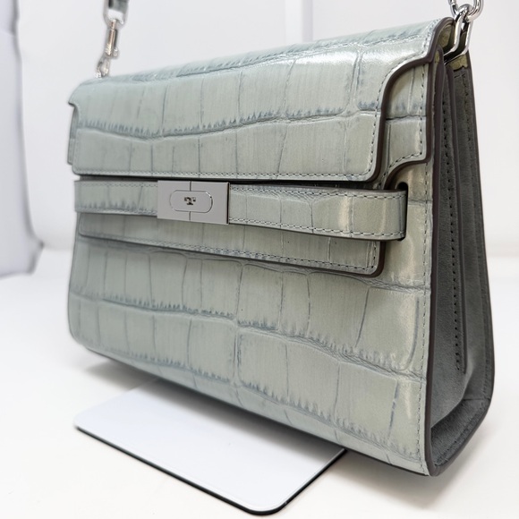 Tory Burch Lee Radziwill Ice Blue Croc-Embossed Shoulder Bag - Picture 4 of 16